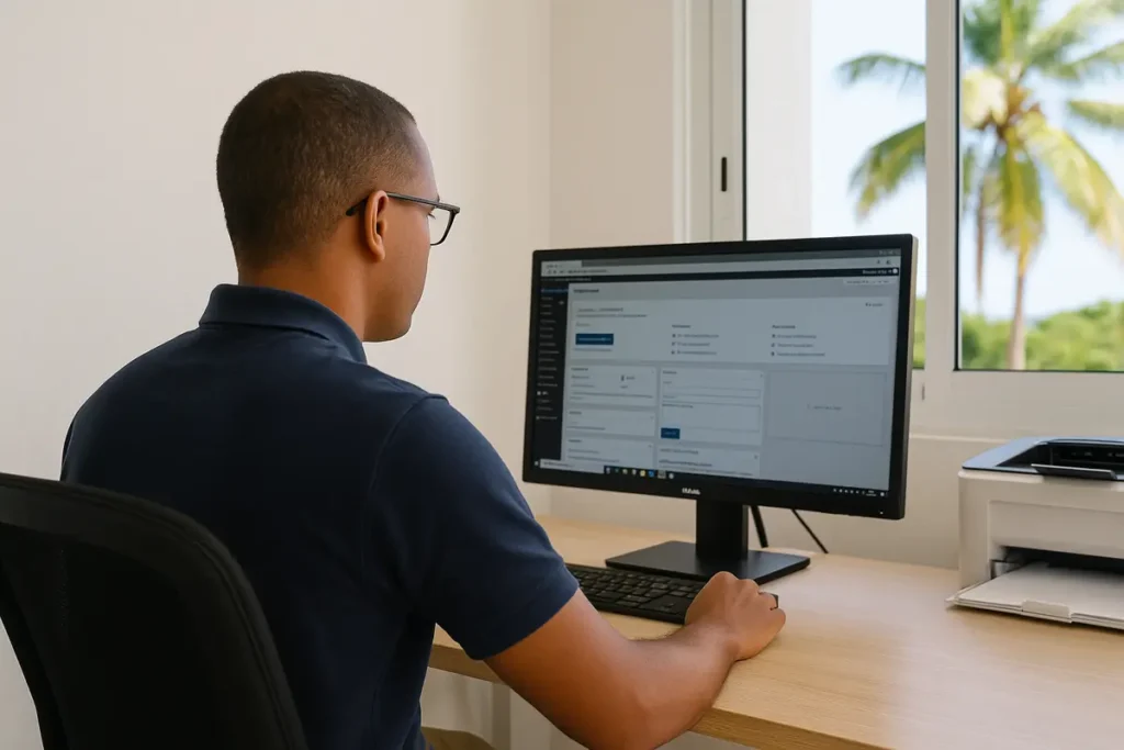 Webmaster freelance en Guadeloupe assurant la maintenance d’un site WordPress depuis son bureau professionnel